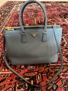 Prada Gray Saffiano Leather Double-Zip Satchel with Gold Hardware